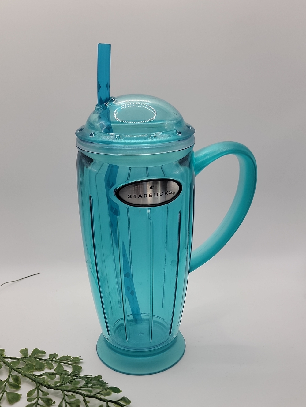 Starbucks Barista Vintage 2001 Rocket Tumbler Aqua Blue W/Straw & Handle 16 Oz